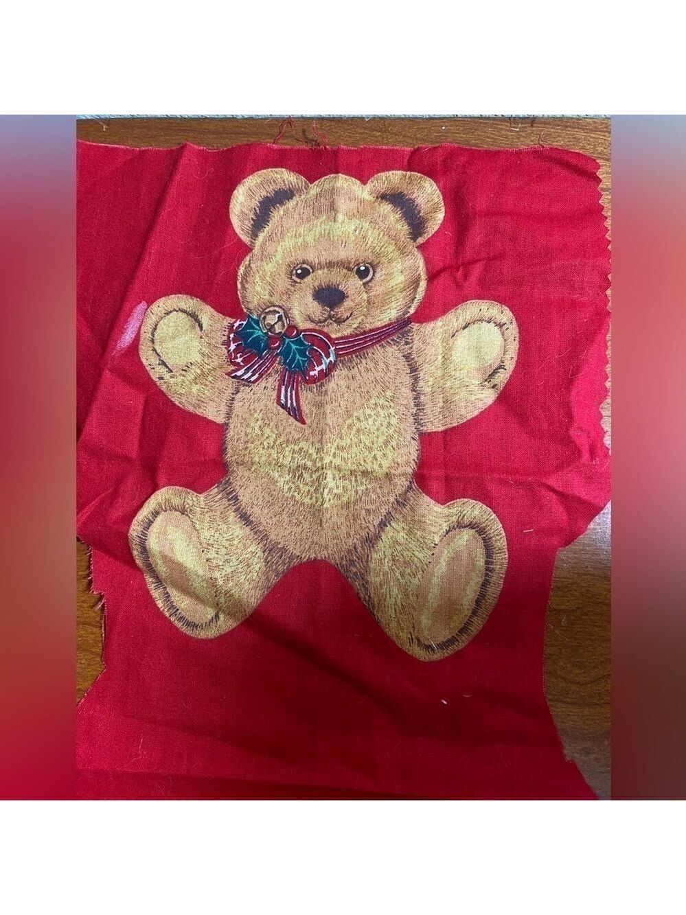 Vintage Christmas Fabric. Teddy Bears on red background. Appliqué to shirt, etc